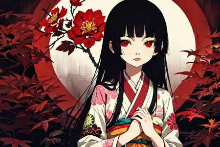 enma ai, hair down, hair black, bangs, eyes red, masterpiece, best quality, ultra-detailed, illustration, 1girl, solo, highres, photorealistic, ultra high res, (Original illustration composition), (fusion of limited color,Maximalism artstyle, kimono obi fashion, double exposure, background, illustration, Amazing, lily spider, night darkness, open one's mouth, middle finger show, bouquet flowers red
