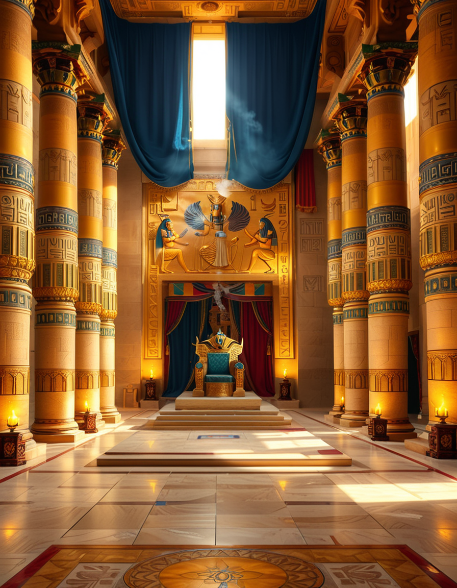 A grand and majestic ancient Egyptian throne room, illuminated by the warm glow of oil lamps and torches mounted on the intricately carved sandstone walls. The room is vast, with towering columns adorned with gold-inlaid hieroglyphs and bas-reliefs depicting gods such as Ra, Osiris, and Anubis, as well as scenes of royal ceremonies and offerings. The walls are covered with colorful frescoes, painted in deep shades of blue, red, and gold, telling the stories of ancient pharaohs and their divine rule.
At the center of the hall, an ornate golden throne rests atop a raised stone platform, accessible by a few steps. The throne is adorned with intricate carvings of winged sun disks, sacred cobras, and falcon motifs, symbolizing power and divine protection. The seat and backrest are encrusted with lapis lazuli, turquoise, and carnelian, creating a striking contrast against the polished gold. Two large stone statues of sphinxes flank the throne, their watchful eyes seeming to guard the empty seat of power.
The polished limestone floor reflects the flickering golden light of the torches, creating an almost mystical atmosphere. Large braziers shaped like lotus flowers release thin trails of fragrant incense smoke, adding to the sacred and mysterious ambiance of the room.
In the background, massive stone doors, partially open, reveal a glimpse of an open courtyard with palm trees and a distant view of the Nile River under a twilight sky. Through the high ceilings, small openings allow beams of moonlight to filter in, casting soft silver highlights across the chamber, blending with the warm tones of the torchlight.
The atmosphere is one of silence, mystery, and timeless majesty, as if the room has been left untouched for centuries, awaiting the return of a forgotten ruler.
<lora:SDXLFaeTastic2400:0.4> <lora:extremely_detailed:0.4> extremely detailed, <lora:ancient_Egyptian_thr0n3_r00m:1>,ancient Egyptian thr0n3 r00m, Masterpiece,best quality,hi res,8k,hi res,8k,award winning,(sharp focus, intricate, highly detailed),