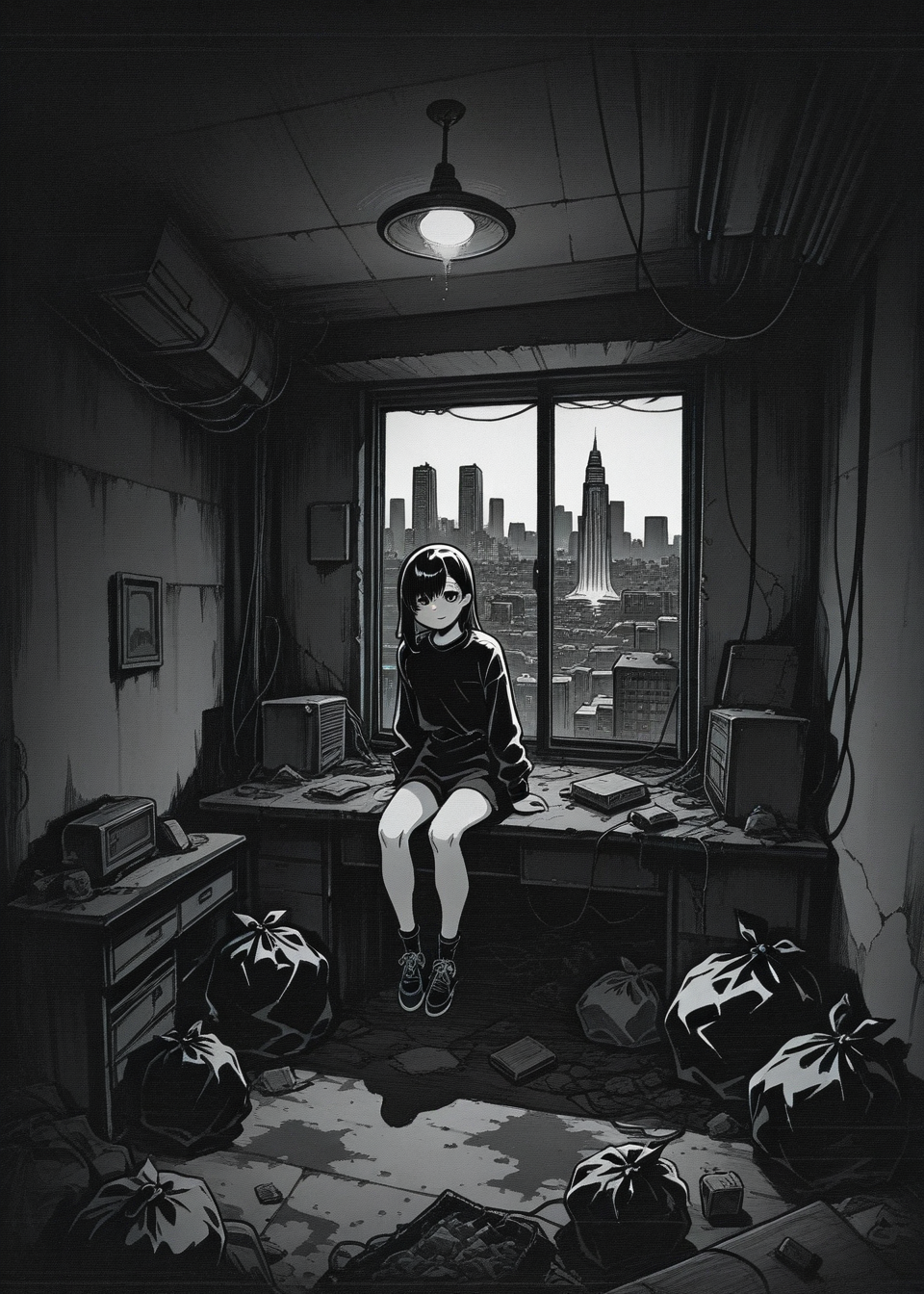 1 girl, solo, ringed eyes, cable, uneven bangs,  sitting on a desk, 
isometric, cluttered room, dark room, low lights, dirty room, trash bag, cityscape 
masterpiece, best quality, ultra-detailed, best illustration,  hatching \(texture\)