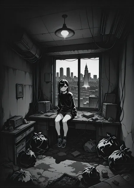1 girl, solo, ringed eyes, cable, uneven bangs, sitting on a desk,
isometric, cluttered room, dark room, low lights, dirty room, trash bag, cityscape
masterpiece, best quality, ultra-detailed, best illustration, hatching \(texture\)