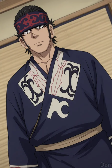 score_9, score_8_up, score_7_up, score_6_up, perfect anatomy, perfect proportions, best quality, masterpiece, high_resolution, high quality, best aesthetic, incredibly absurdres, highres, extremely detailed, huge filesize, solo male, adult, mature, masculine, manly, handsome, charming, alluring, standing, upper body, dutch angle, cowboy shot, perfect face, source_anime \(Golden Kamuy\), anime coloring \(Golden Kamuy\), GKKirawus, Kirawus \(Golden Kamuy), black hair, black eyes, long sideburns, GKKirawuse_outfit01, black Ainu robe, Ruunpe robe \(Ainu clothing\), Ainu pattern, black Ainu headband, Matanpushi \(Ainu headband\), cep-keri \(Ainu salmon leather shoes\), fish skin footwear