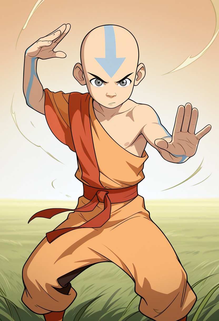 masterpiece, absurdres, high quality, perfect anatomy, 1boy, solo, cute boy, male focus, Aang, Grey Eyes, Bald, Blue Facial Marking, Blue Arrow (Symbol) Tattoo On Forehead, Season 3 Outfit, Orange Robe, Yellow Robe, single bare shoulder, Sleeveless, Red Sash Belt, yellow pants, Blue Body Markings, martial arts pose, open palm, focused expression, windy, wind magic, Air bending, in grassy field
