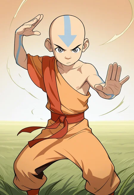 masterpiece, absurdres, high quality, perfect anatomy, 1boy, solo, cute boy, male focus, Aang, Grey Eyes, Bald, Blue Facial Marking, Blue Arrow (Symbol) Tattoo On Forehead, Season 3 Outfit, Orange Robe, Yellow Robe, single bare shoulder, Sleeveless, Red Sash Belt, yellow pants, Blue Body Markings, martial arts pose, open palm, focused expression, windy, wind magic, Air bending, in grassy field