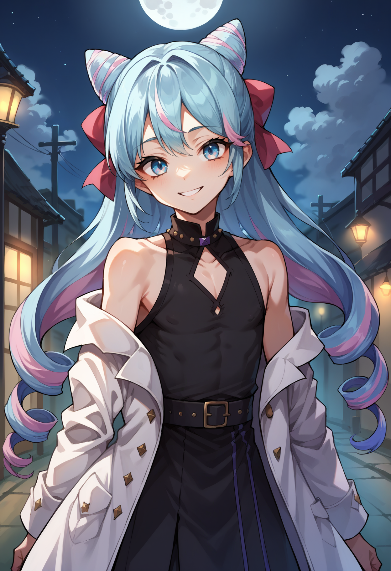 score_9, score_8_up,score_7_up, source_anime, 1boy, solo, otoko no ko, <lora:EPfeRosadoPony_epoch_6:0.75>, EPfeRosado, blue hair, multicolored hair,blue eyes, very long hair, pink hair, twin drills, drill hair, hair bun, cone hair bun, crossdressing, 
 flat chest, smile, white trench coat, breast padding,standing,empty streets,night,fog,moon,