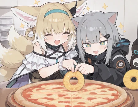 2girls, suzuran (arknights),smile, happy, ^_^, nachoneko, +_+, sparkling eyes,
how_to_torture_an_italian_(meme), pizza, pineapple slice, pineapple on pizza,
(zankuro:0.2), wagashi \(dagashiya\), chen bin, very awa, very aesthetic, masterpiece, best quality, amazing quality, absurdres <lora:ponyv6_noobV1_2_adamW:0.5> <lora:n_XLNBVP1lokrV6311P:0.2> <lora:748cmXLNBVP1lokrV6311PZ:0.2> <lora:ricotte2:0.2> <lora:how_to_torture_an_italian_meme:0.9>