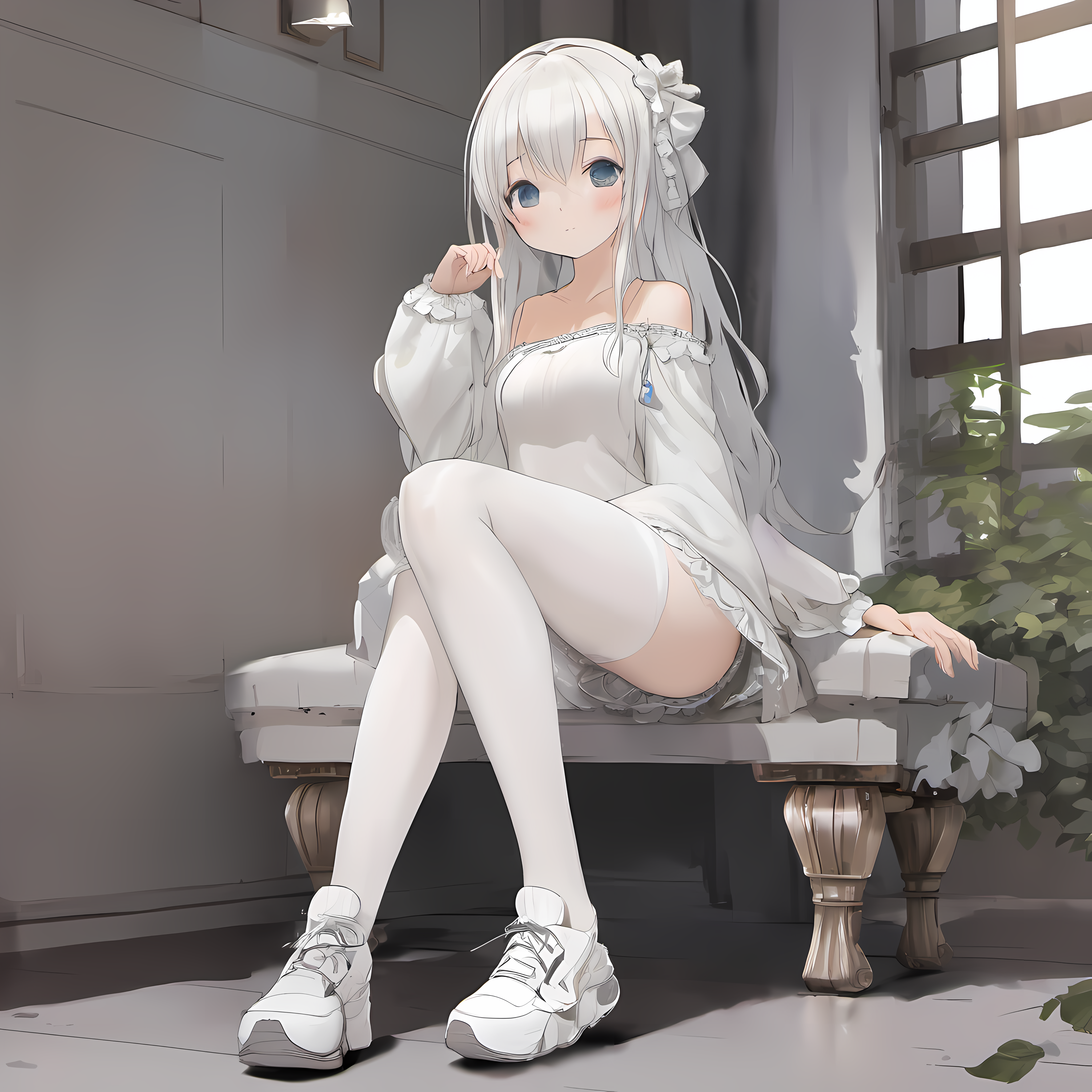 best quality,highly detailed,masterpiece,ultra-detailed,illustration,hagi, 1girl, small breasts, sitting, white pantyhose,  <lora:HagiSDXL:0.75>