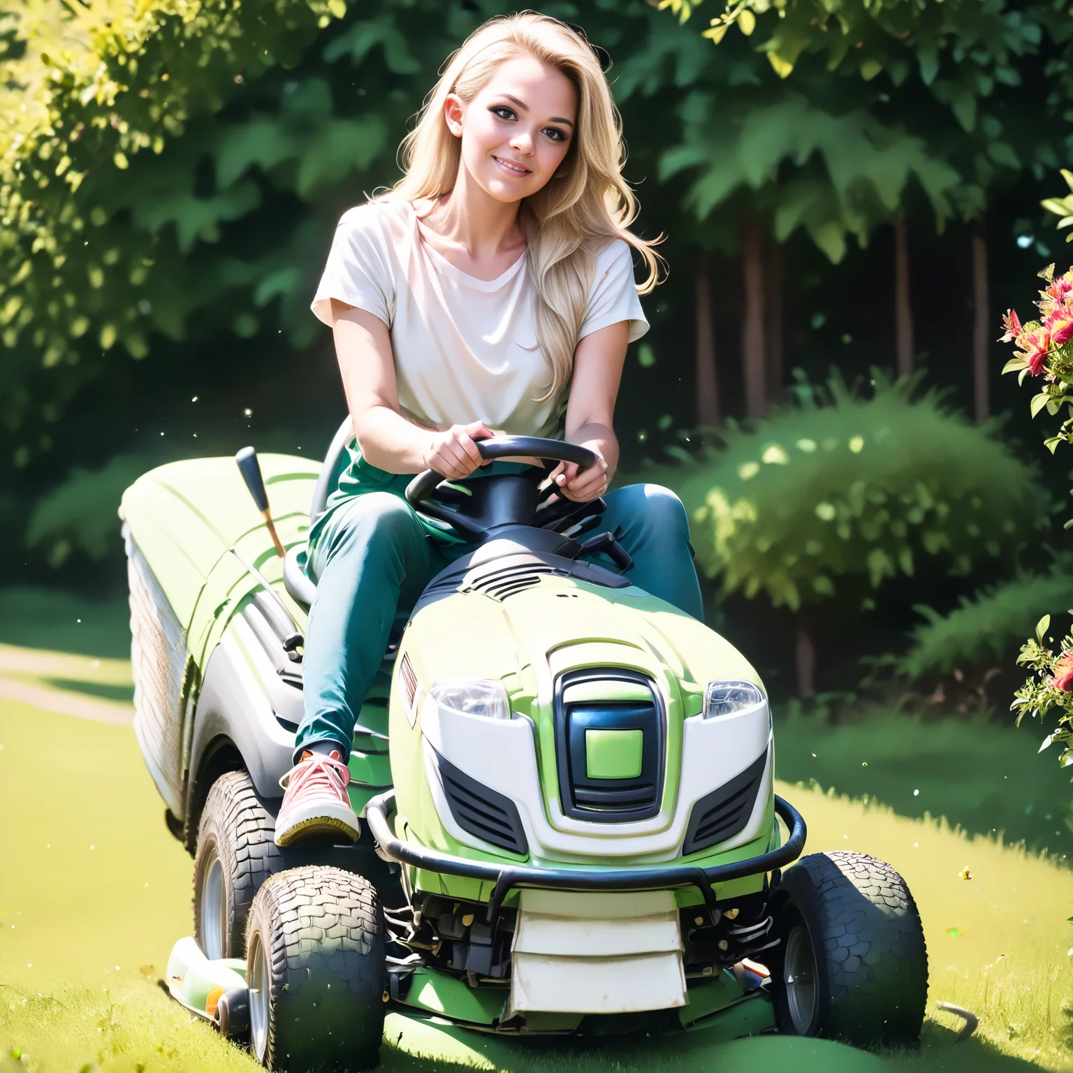score_9, score_8_up, score_7_up, rilamo (front view) , (slim 25yo female) riding a lawn mower. green short skirt, white blouse, sneakers , long blonde hair <lora:RideLawnMowerPony:1>