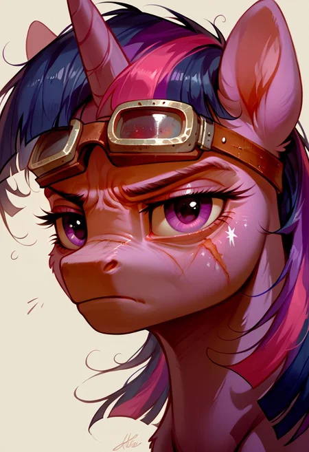 score_9, score_8_up, score_7_up, source_pony, solo, Twilight Sparkle, looking at the viewer, close up, (feral pony:1.5), scar over one eye, tired, annoyed, welding goggles, simple background, (detailed image, high resolution, 5k resolution:1.0), (horror art style:1.1)