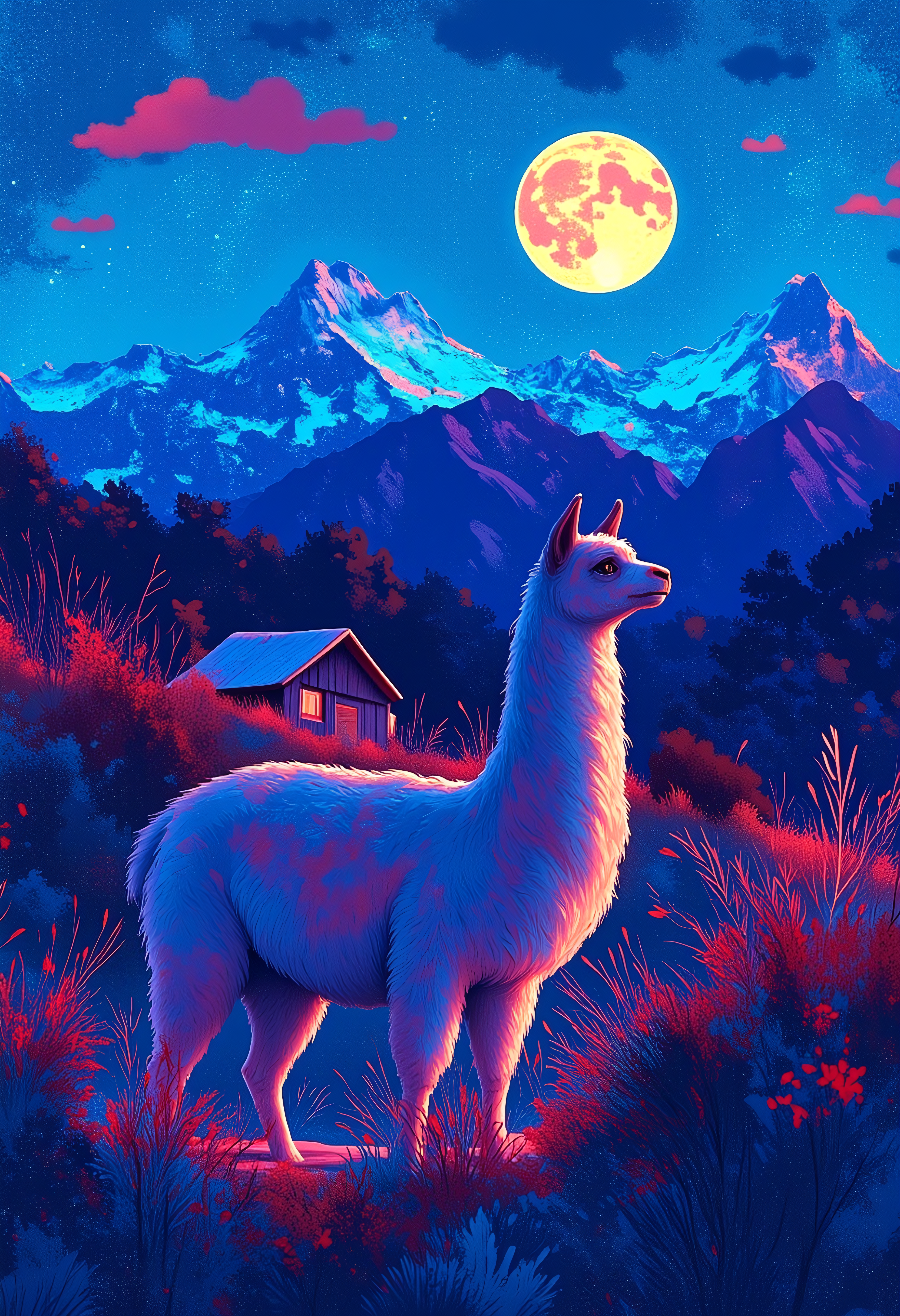 A LLAMA illuminated by the full moon standing in the foreground of the Andes Mountains, a small house in the background, colorful glowing sky, colorful scenery, blue tones, vibrant glow, By Alex Vede, illustration