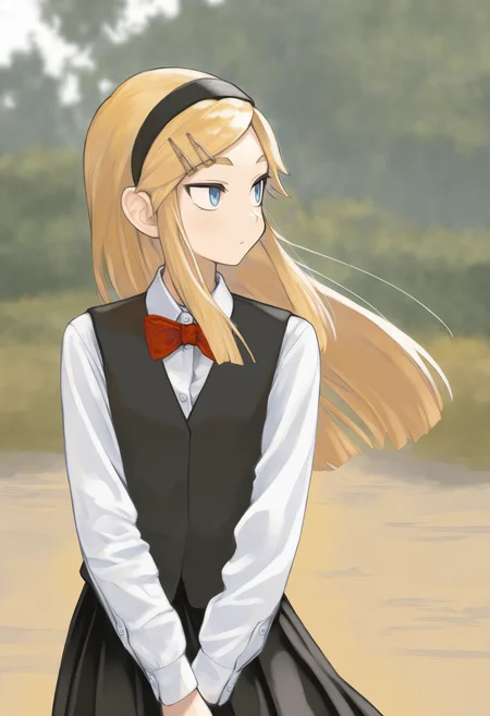 masterpiece, best quality, 1girl,  Kojikira, blonde hair, long hair, blue eyes, hairband, hairclip, red bowtie, black vest, white shirt, black skirt, long sleeves, long skirt, outdoors, wind, looking to the side,standing,    <lora:Akira IXL 2  -000012:1>