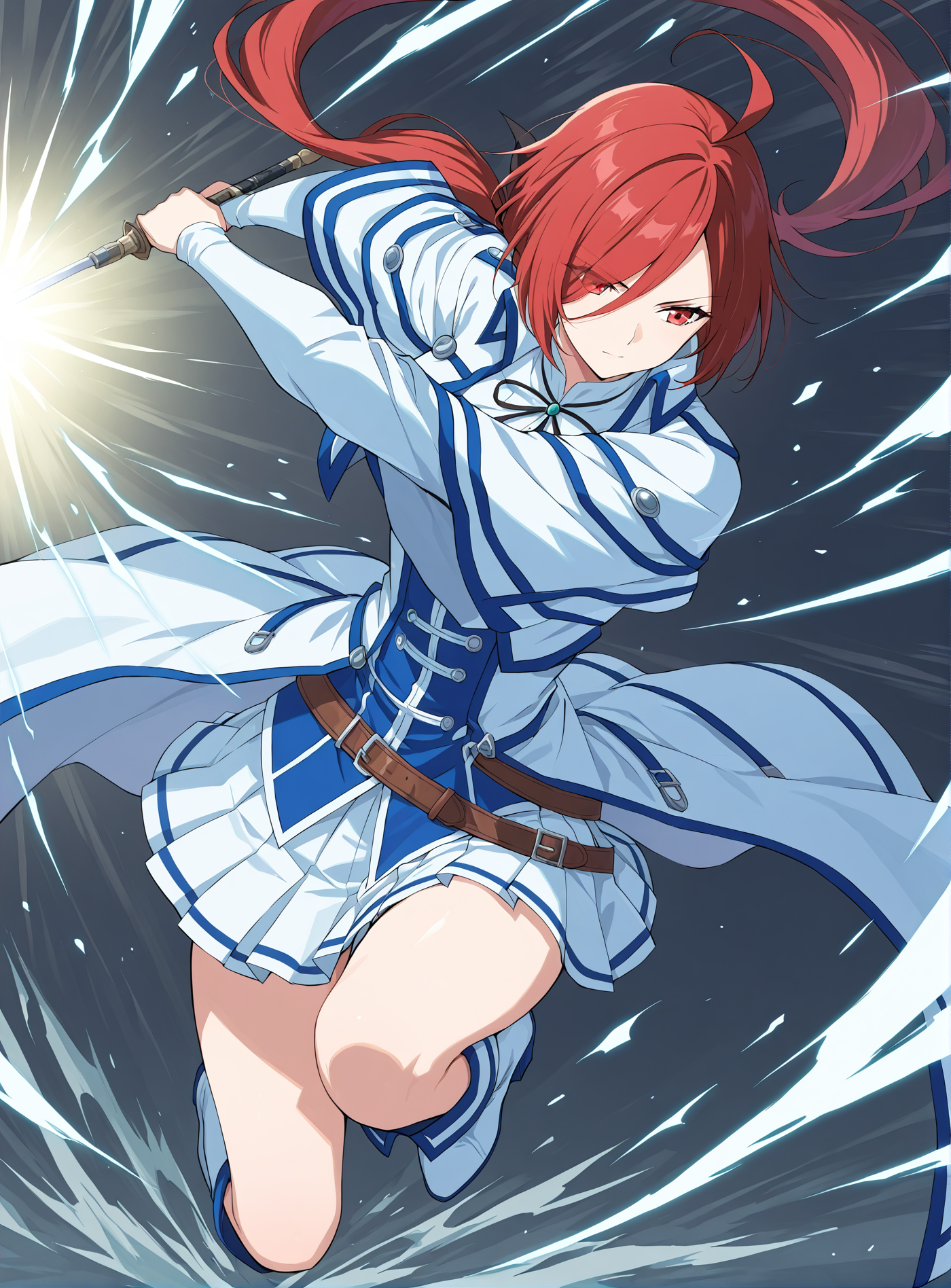 <lora:Xiao_Yu__Battle_Through_the_Heavens__Illustrious2:1>
1girl, solo,  red hair, long hair, long sidebangs, ahoge, low ponytail, hair over one eye, red eyes, anime style, 
white and blue uniform, fantasy outfit, long coat, white pleated mini skirt, high boots, layered clothing, puffy sleeves, black ribbon, waist belt, structured sleeves, large collar, open coat, chest bow, symmetrical outfit, hair loop,
score_9, score_8_up, score_7_up, very aesthetic, source_anime, detailed, high quality, beautiful, masterpiece, detailed eyes, full body, dynamic pose, action scene, white and blue uniform flowing, thigh slit visible, long  hair in motion, battle-ready, wind effect, dramatic lighting