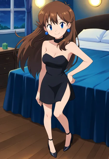 score_9, score_8_up, masterpiece, best quality, uncensored, correct anatomy, detailed background, anime_source, 1girl, solo, alone, perfect eyes, perfect arms, perfect legs, perfect face, indoors, medium breasts, bare shoulders,
gurin, blue eyes, brown hair, long hair, bangs, sidelocks, looking at viewer, a short black sweetheart bodycon dress, black dress, strapless, sexual arousal, black high heels, blue earrings, round earrings, full body, left hand on hip, right hand on knee, standing up, dance floor, night club, smile, looking at viewers, cowboy shot, indoors, disco lighting