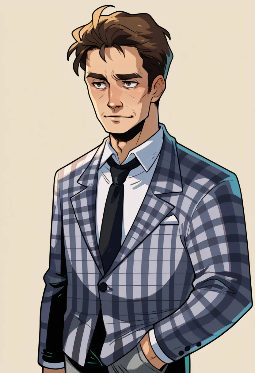 score_9, score_8_up, score_7_up, BREAK <lora:hades-guy-PONYv1:1>, shadow, portrait, 1boy, solo, <lora:benny-fnv-richy-v1_pdxl:0.95> benny, brown hair, short hair, checkered suit, black necktie, grey pants