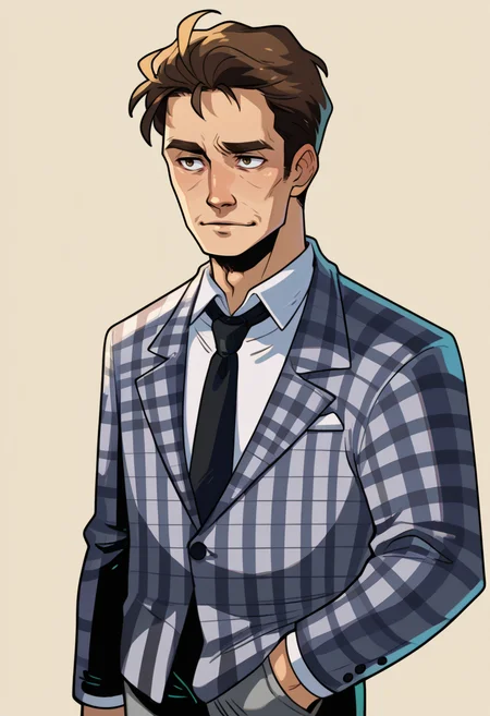 score_9, score_8_up, score_7_up, BREAK <lora:hades-guy-PONYv1:1>, shadow, portrait, 1boy, solo, <lora:benny-fnv-richy-v1_pdxl:0.95> benny, brown hair, short hair, checkered suit, black necktie, grey pants