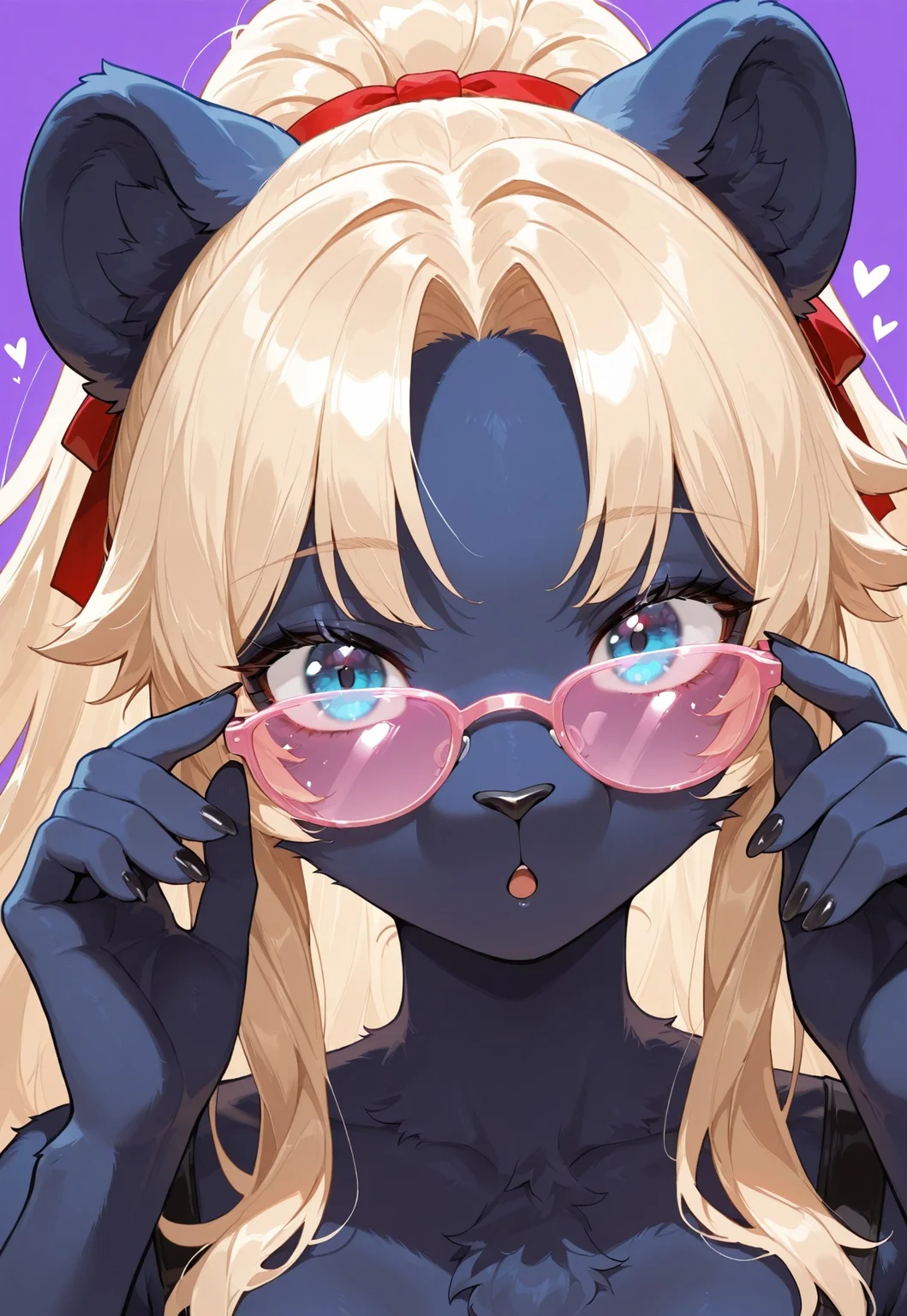 masterpiece,best quality,amazing quality,absurdres, BREAK, 1girl, :o, adjusting eyewear, furry lion, dark blue fur, detailed fur, artist name, black nails, blonde hair, ponytail hair, fingernails, hair ribbon, heart, jewelry, long hair, parted bangs, pink-framed eyewear, pink-tinted eyewear, portrait, purple background, blue eyes, red ribbon, ribbon, simple background, solo, star \(symbol\), tinted eyewear, two side up, upper body
