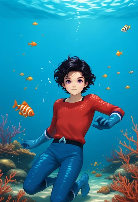 Underwater, fish, bubbles, 1boy, solo, cute boy, floating underwater, fully submerged, Aqualad, Black Hair, Purple eyes, red shirt, blue gloves, blue pants, red boots