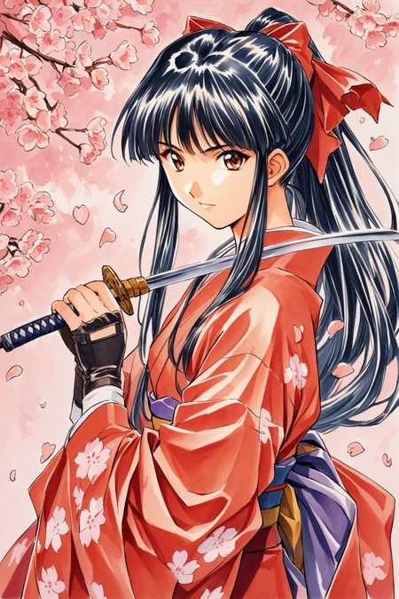 Shinguji Sakura,1girl,weapon,sword,solo,japanese clothes,gloves,bow,brown eyes,fingerless gloves,black hair,red bow,ponytail,katana,petals,long hair,hair bow,cherry blossoms,kimono,traditional media,<lora:Sakura Wars_XL:0.8>,