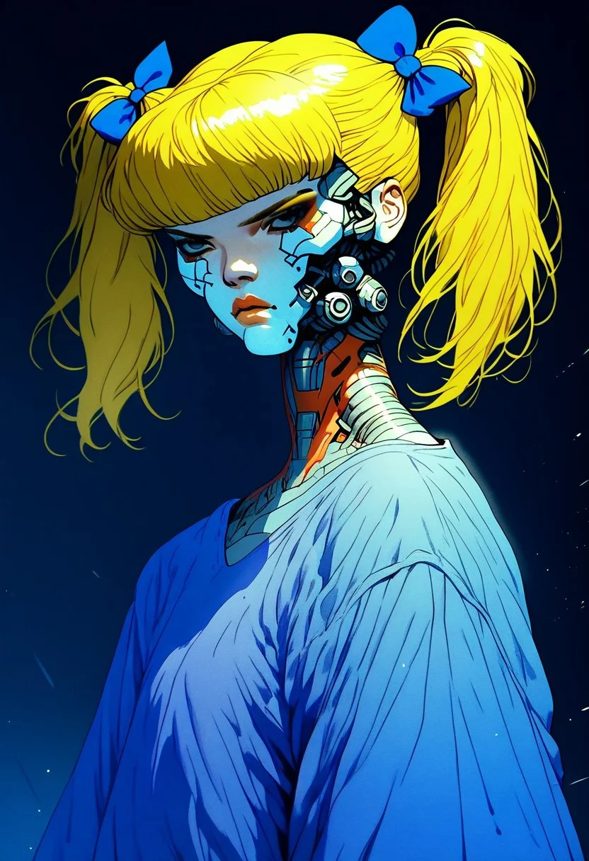 score_9, score_8, score_7, 1girl, solo, blonde hair, twintails, purple dress, hair bow, knva, halftone effect, cyberpunk, cyborg, adult woman, flat colour,