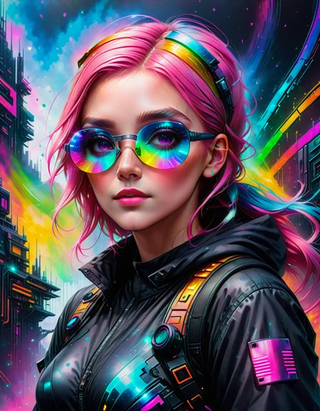 Female Hologram thief, sci fi, 8k, high quality, beautiful, vibrant colors, cyberpunk, goggles, pink hair, rainbow circuits bokeh background, <lora:SDXLPaintSplash:0.7> Colorsplash
