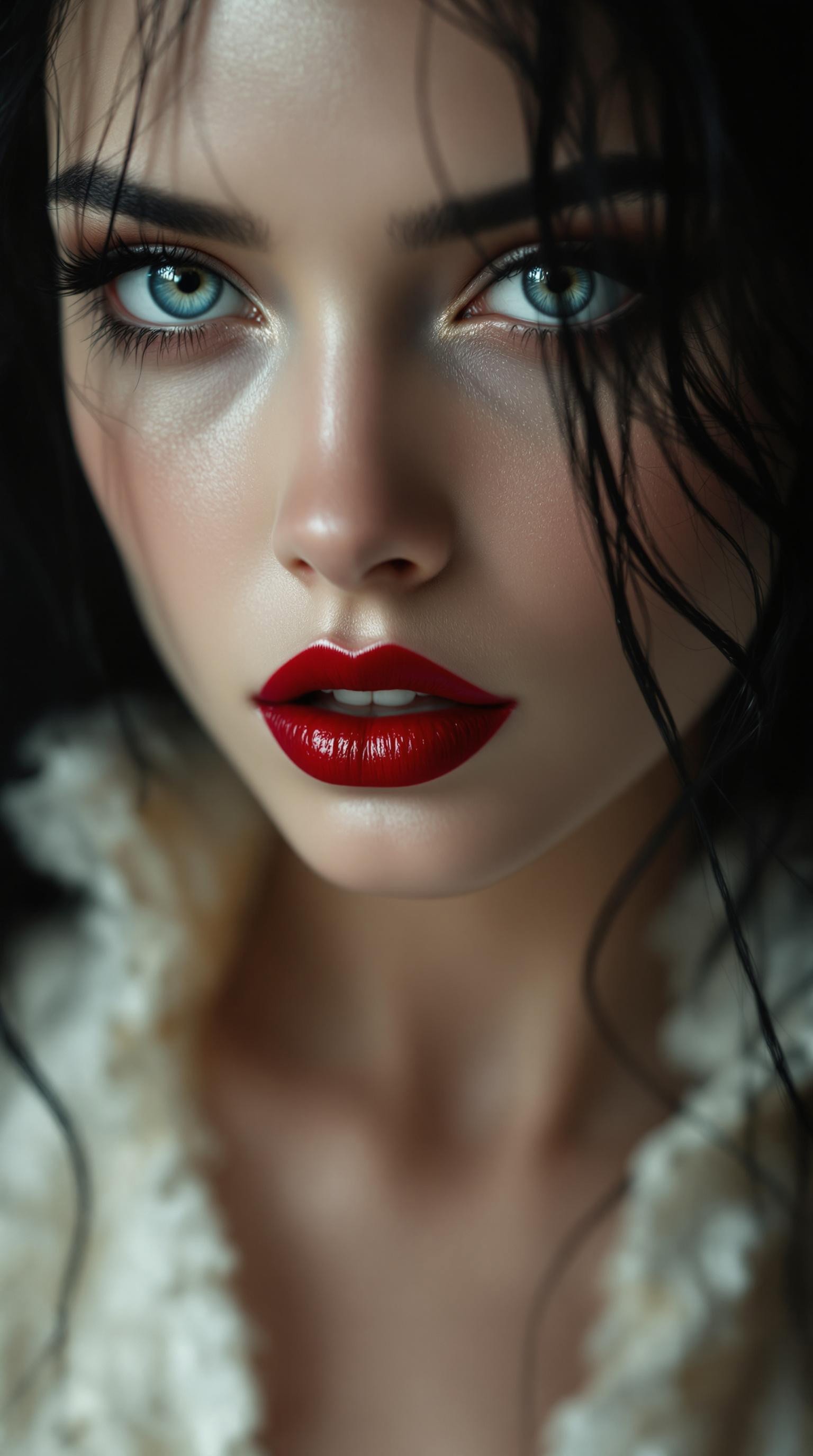 cinematic still hyper realistic art A mesmerizing image capturing the essence of timeless gothic dangerous beauty ---- , Her beauty was extraordinary. Her hair was black as ebony, and her large eyes had the soft, melancholy splendor that made one feel as if they could pierce the very soul. Her lips were red, full, and slightly curved, always on the edge of a secret smile. Her skin was pale, smooth as polished ivory, almost luminous in the dim light. She moved with an elegant languor, every gesture deliberate and entrancing, as if she were a dream half-formed. But there was a weight in her gaze, something ancient and heavy, that made her beauty as unsettling as it was captivating,