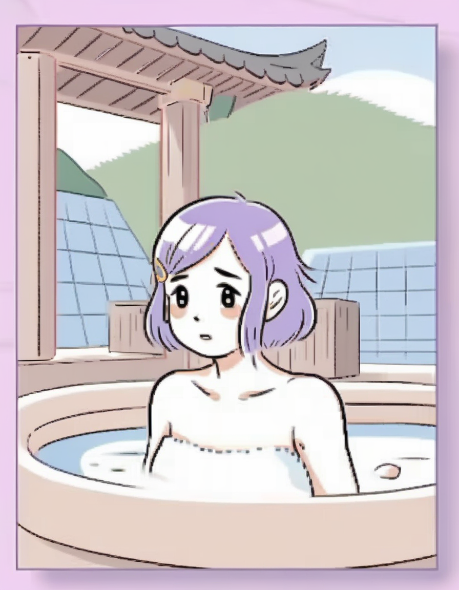 cartoon-style ,in  screen ,The image depicts a character with purple hair  at Japanese open-air hot spring,bath towel<lora:tw_hgame:0.8>,girl