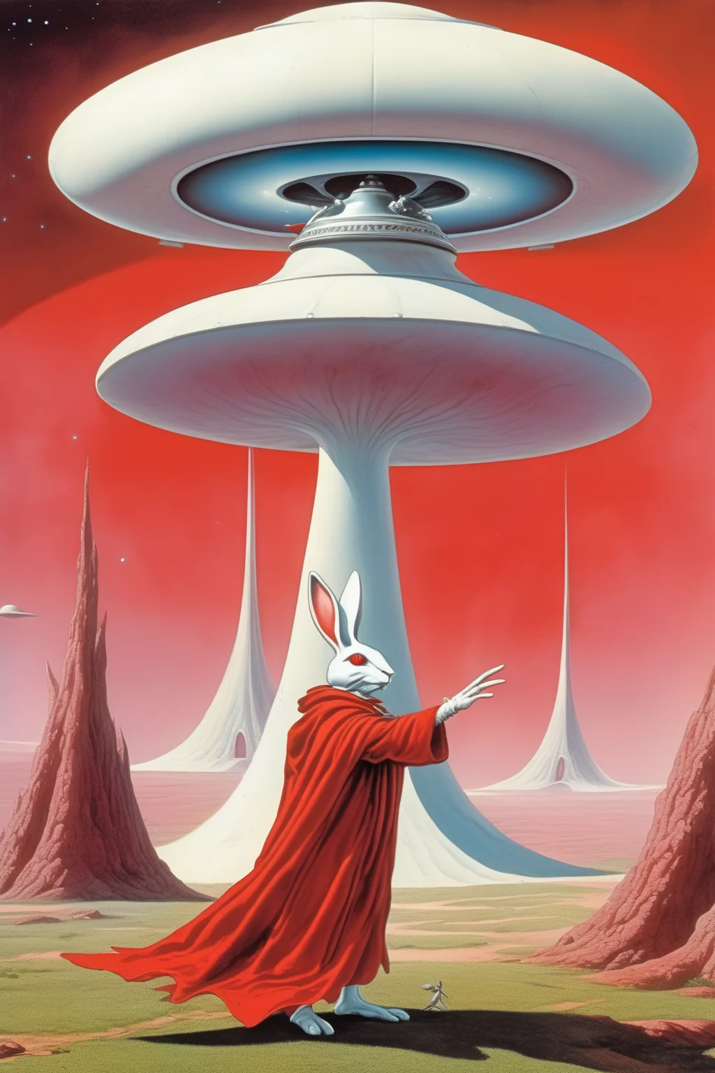 <lora:Rodney Matthews Style:1>Rodney Matthews Style - two-legged white rabbit wearing red robe being abducted by a flying saucer ufo, distant cinematic shot in the style of roger dean
