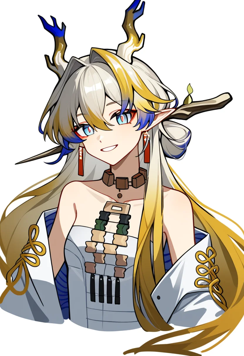 score_9,score_8_up,score_7_up,<lora:arknights_all_v4:1>,1girl,absurdres,bare_shoulders,blonde_hair,blue_eyes,collarbone,commentary_request,cropped_torso,dragon_girl,dragon_horns,flat_chest,floating_hair,hair_intakes,highres,pointy_ears,red_pupils,shu_\(arknights\),small_breasts,smile,solo,tassel_earrings,two-tone_hair,upper_body,very_long_hair,