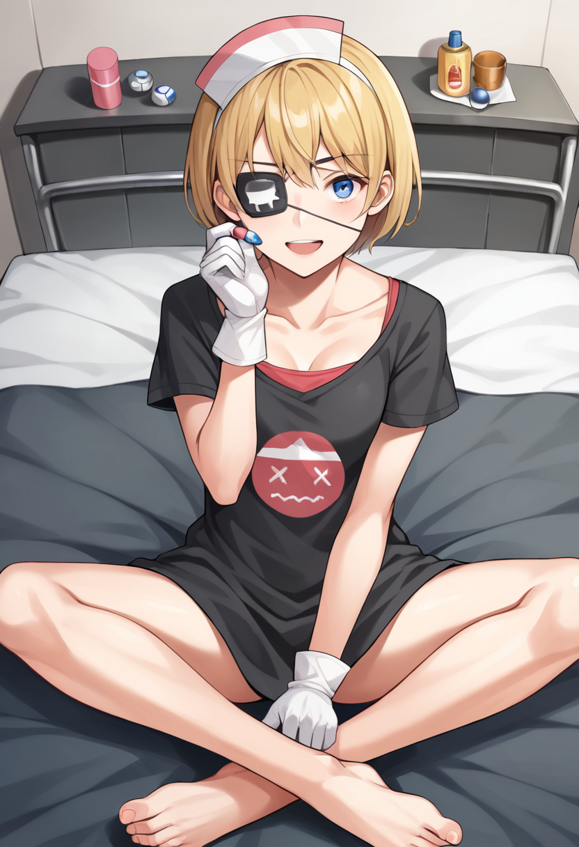score_9,score_8_up,score_7_up,source_anime,masterpiece,best quality,dynamic_angle,from_above,(indian style:1.1),sitting,1girl,solo,little_girl,blue eyes,blonde hair,brown hair,short hair,eyepatch,nurse cap,dress,(black dress:1.1),short sleeves,white gloves,looking_at_viewer,cowboy_shot,thighs,<lora:yakko:1>,smile,open mouth,indoor,bedroom,barefoot,wariza,spread legs,crossed_legs,pill,