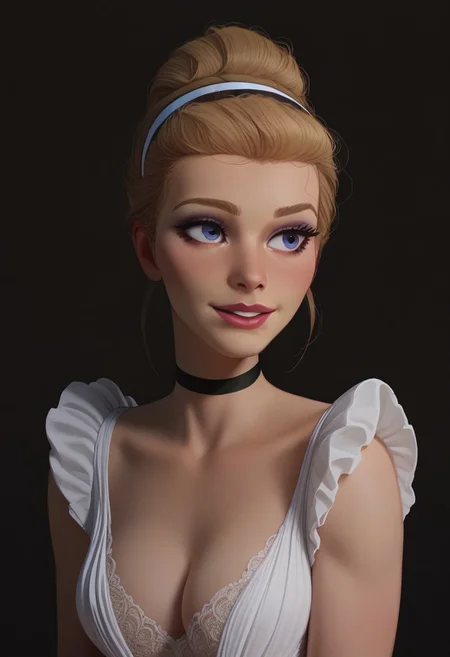 score_9, score_8_up, score_8. score_9, score_8_up, score_7_up, score_6_up, masterpiece, 4k, high quality, (best quality:1.1), ExpressiveH,(close up), face focus
BREAK
1girl, solo, CinderellaXLP, blonde hair, hair bun, hairband, makeup,  choker, medium breasts, light smile, g0dd3ss, white dress, cleavage
BREAK
black background