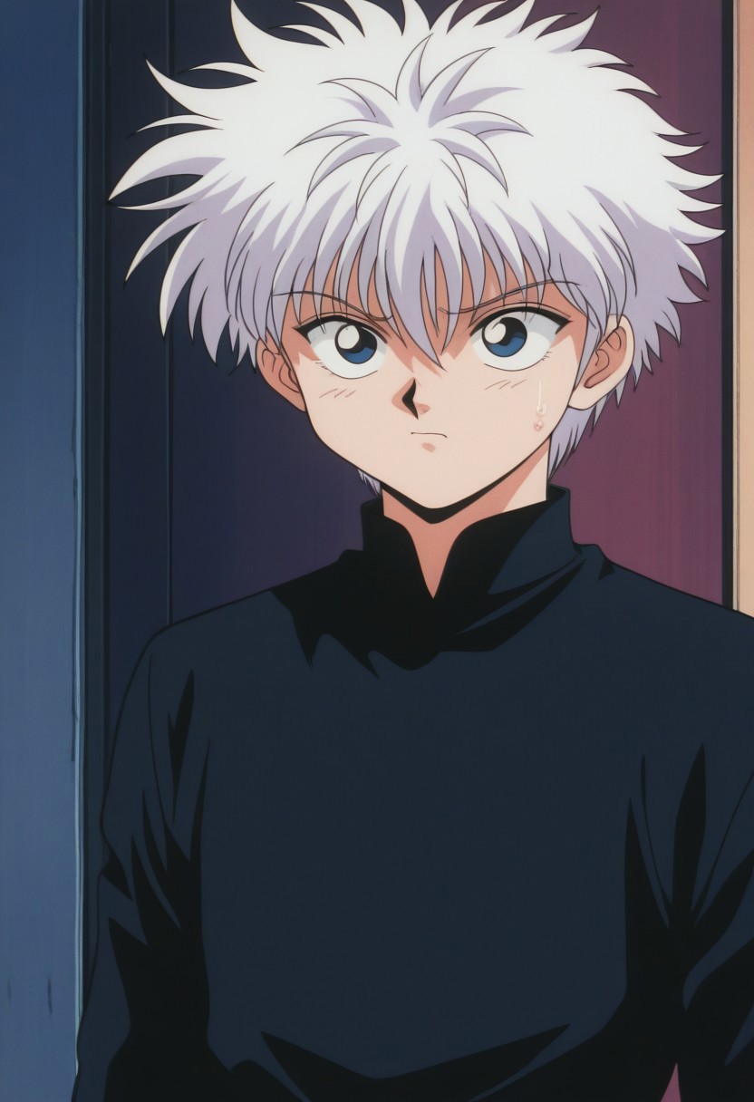 masterpiece,best quality,amazing quality, source_anime, retro_artstyle,
KiruaZorudikku,1boy, male focus, solo, blue eyes, white hair, black shirt, mandarin collar,