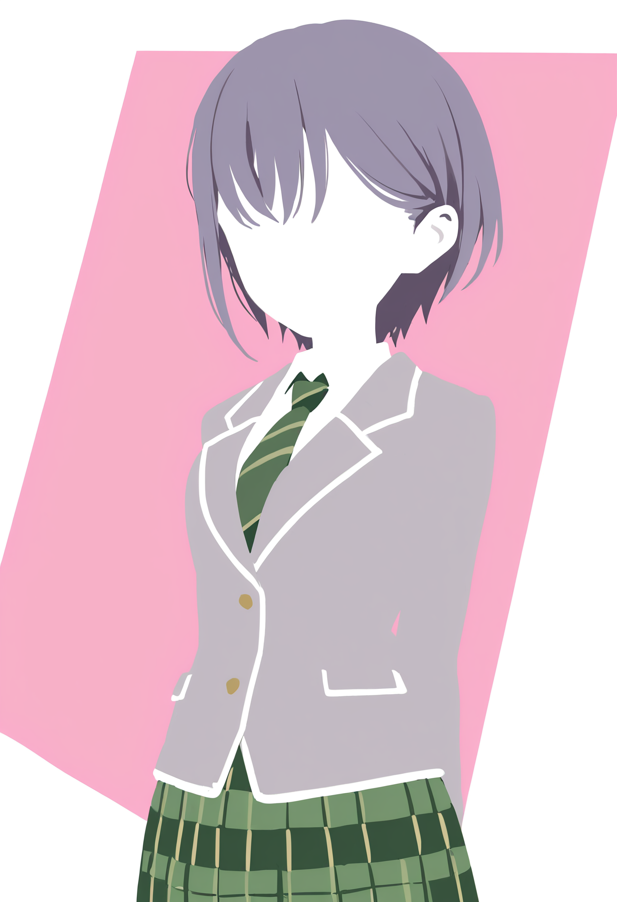 takamatsu tomori, 1girl, solo, (fkey:0.8), (ciloranko:0.6), simple background, cowboy shot, <lora:MyGo_IlluXL:0.8>, flat color, minimalism, no eyes, no lineart, silhouette, limited palette, (arms up:0.5), faceless, two-tone background, white background, pink background, no nose, haneoka school uniform, green skirt, plaid skirt, pleated skirt, grey jacket, blazer, long sleeves, white shirt, green necktie, diagonal-striped necktie ,arms behind back, grey hair, purple hair, buttons, pale skin,, best quality, masterpiece, highres, very aesthetic,absurdres,