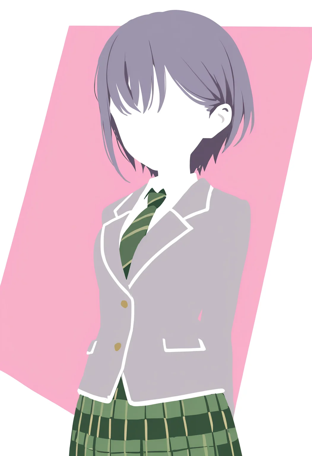 takamatsu tomori, 1girl, solo, (fkey:0.8), (ciloranko:0.6), simple background, cowboy shot, <lora:MyGo_IlluXL:0.8>, flat color, minimalism, no eyes, no lineart, silhouette, limited palette, (arms up:0.5), faceless, two-tone background, white background, pink background, no nose, haneoka school uniform, green skirt, plaid skirt, pleated skirt, grey jacket, blazer, long sleeves, white shirt, green necktie, diagonal-striped necktie ,arms behind back, grey hair, purple hair, buttons, pale skin,, best quality, masterpiece, highres, very aesthetic,absurdres,