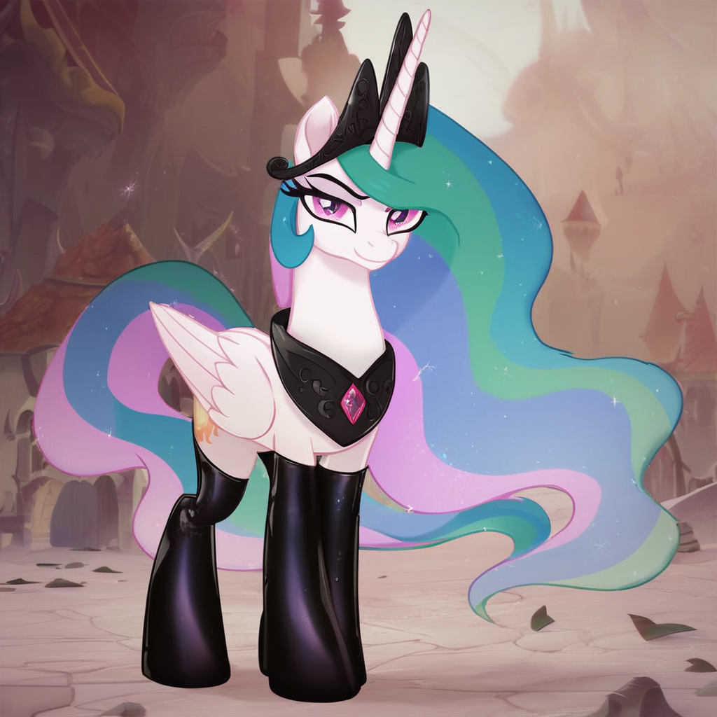 score_9, score_8_up, score_7_up, score_6_up, score_5_up, score_4_up, (evil:1.2) Pony Princess Celestia wearing latex socks, evil black crown, looking at you, solo, beautiful, my little pony: the movie, (movie accurate:1), full body