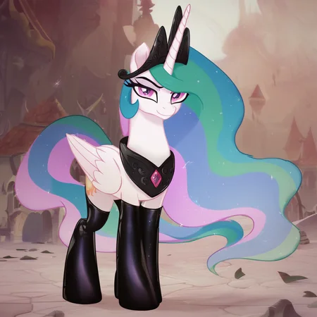 score_9, score_8_up, score_7_up, score_6_up, score_5_up, score_4_up, (evil:1.2) Pony Princess Celestia wearing latex socks, evil black crown, looking at you, solo, beautiful, my little pony: the movie, (movie accurate:1), full body
