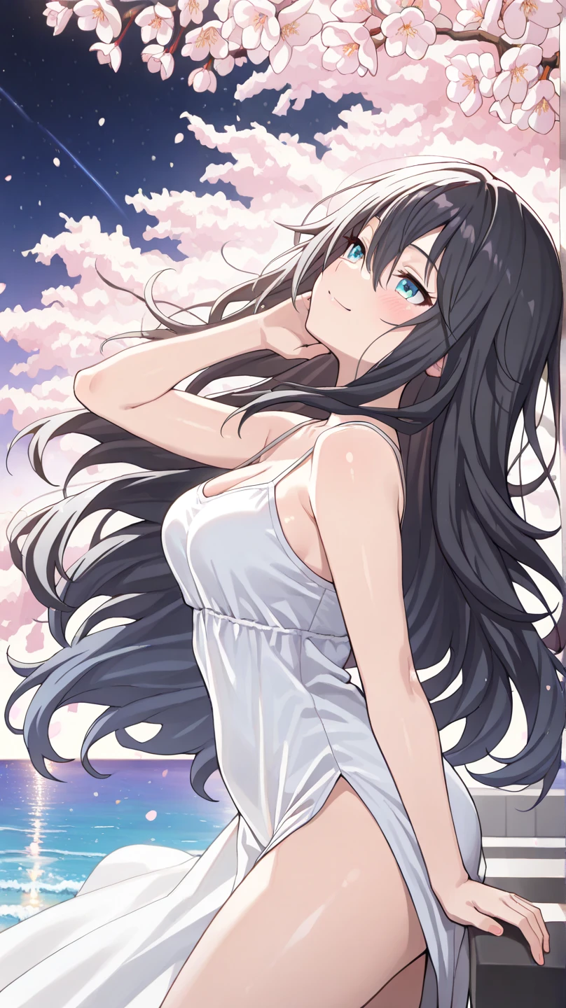 masterpiece, 1girl, solo, scenery, (detailed eyes), (high definition eyes), (high gradient eyes), (eyesHD), (best quality:1.4), (amazing quality:1.3), very aesthetic, (trg_sain),(blush), shiny skin, ambience, Shiny Eyes, Shiny Skin Thighs, hips swaying, (mature woman) ,BREAK, shiny hair, sidelocks, blunt bangs, (medium breasts:1.2), anime coloring, skin_clean, shiny_skin, night, midnight, looking at the sea, BREAK, cherry blossoms background, leaning back, leaning to the side, smile, very long hair, free pose, delicate skin texture, fair skin, delicate face, pastels, bright tones, wind, light particles, light, bright tones, motion lines, extremely detailed, intricate, delicate details, movie lighting, very beautiful, absurd, dynamic graphics, dynamic angles, special movements, dynamic poses, action poses, dynamic movements, (Illustration: 1.2), (8K Wallpaper), (Beautiful, pretty eyes: 1.2), Delicate eyes, beautiful, soft colors, clear line, project sekai, soft, pastel, colorful, (disheveled hair), (illustration), Black hair, anime, ghibli, anime style, close up, from side, first-person perspective, 8k, super detail, masterpiece,super detail, high quality, high resolution, high detail, white background, face detail, happiness, curly hair, blue eyes