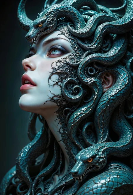 A Medusa Gorgon profile face with a pale, porcelain-like complexion, subtly infused with gentle, rosy highlights, gazing upward with a subtle, sultry expression, her full lips slightly parted, surrounded by a mesmerizing array of angry snakes that intricately weave around her.