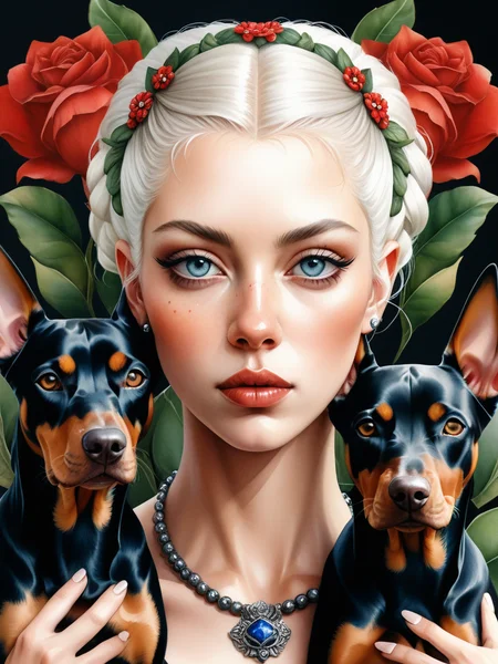 <lora:08SurealismArt_Hap_XL:1>, frida kahlo style, Beautiful woman and two dobermans, white hair, very detailed face, punk aesthetic, very attractive, by Amor Fati (E. Sh.), Watercolor, trending on artstation, sharp focus, studio photo, intricate details, highly detailed, by greg rutkowski,