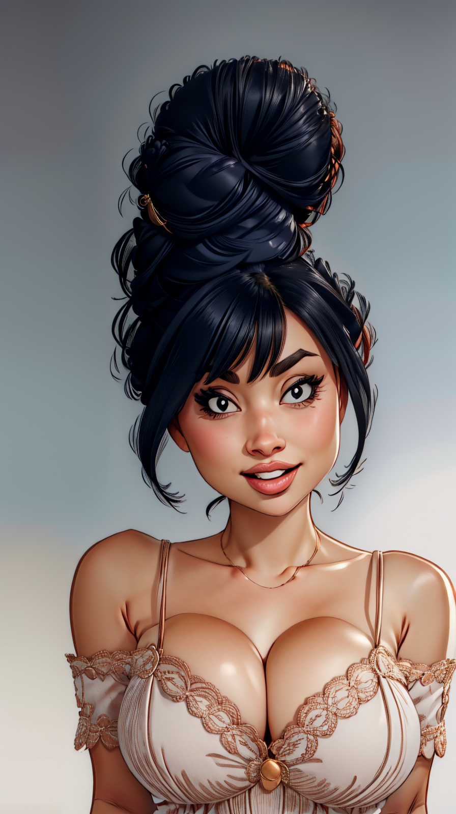 1girl, <lora:DummyleTestino:1>, solo, updo hair, looking at viewer, black hair, cleavage, upper body, blue background, simple background