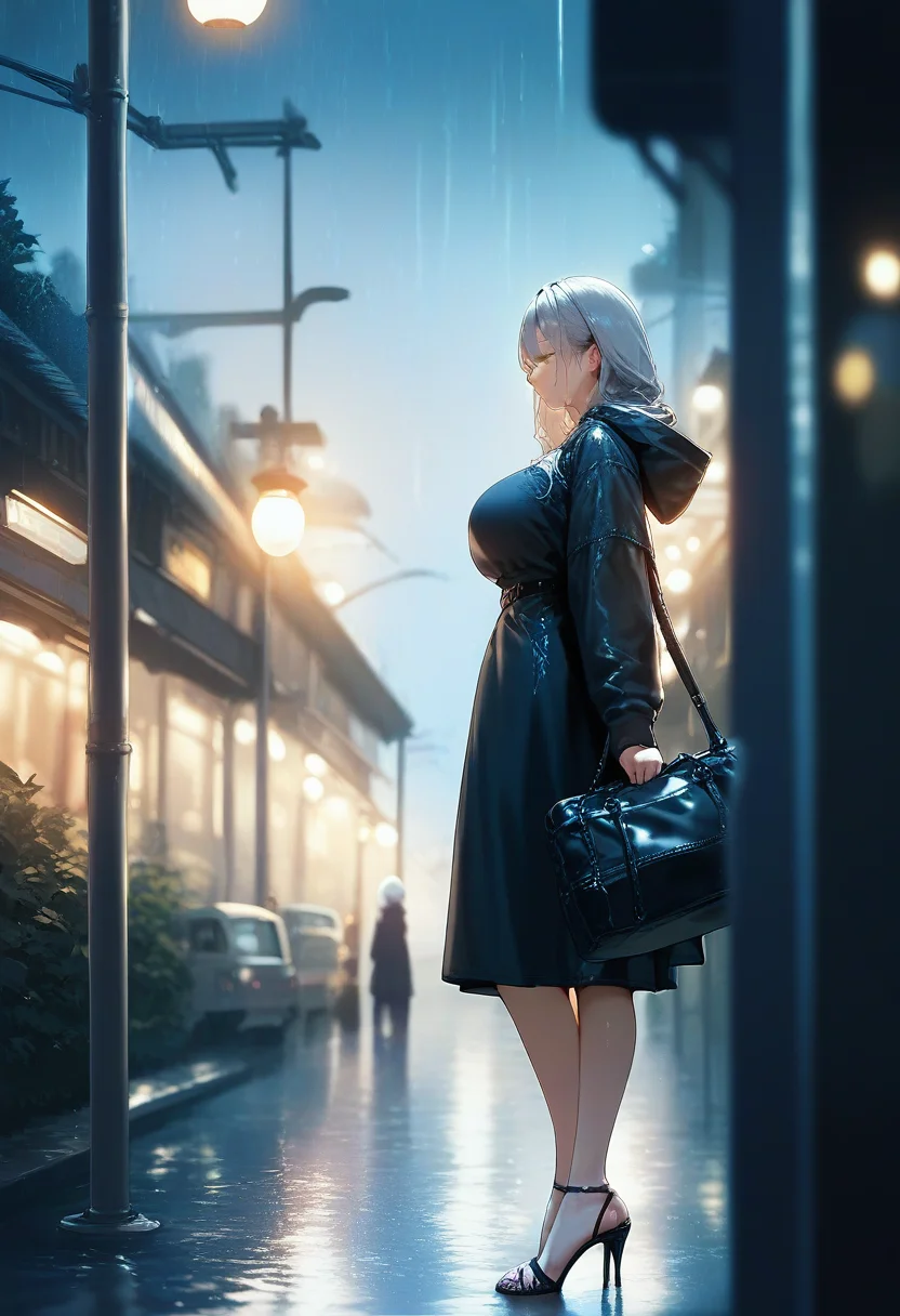 score_9, score_8_up, score_7_up, score_6_up, source_anime, <lora:AIU 0.6v:1>, AIU,
1girl, solo, long hair, long sleeves, tall female, large breasts, dress, holding, standing, jacket, grey hair, outdoors, hood, bag, blurry, from side, feet out of frame, blurry background, night, depth of field, phone, cellphone, smartphone, hood up, holding phone, rain, city, looking at phone, train station, leaning back, against wall, green eyes, high heels,