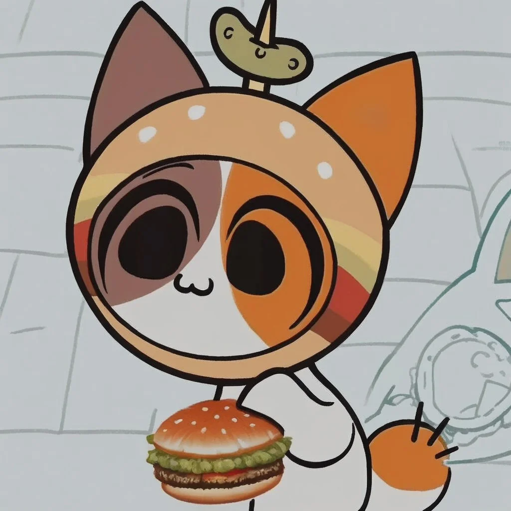 score_9, score_8_up, score_7_up, score_6_up, cheezborger, cat, burger, pickle, chibi, cute, solo, solo focus, dot eyes