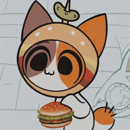 score_9, score_8_up, score_7_up, score_6_up, cheezborger, cat, burger, pickle, chibi, cute, solo, solo focus, dot eyes