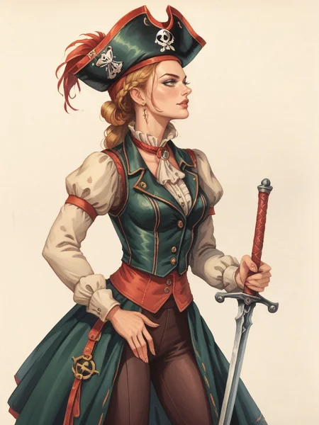 score_9, score_8_up, score_7_up,  <lora:Oblivion:1> oblivionarts, 1girl, female, fit, swashbuckler, pirate hat, blouse, leather vest, juliet sleeves, rapier sword, ((simple background)), ornate border