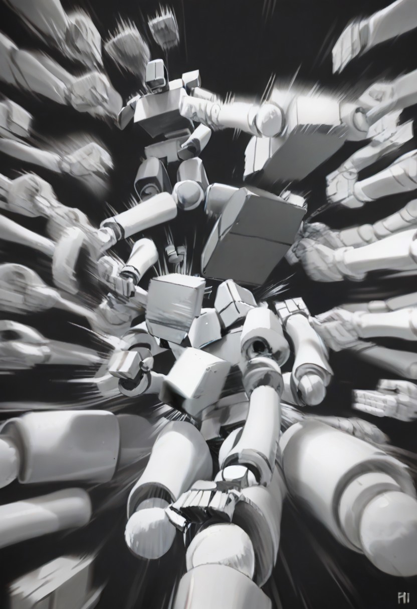 Score_9, score_8_up, score_7_up, BoxPerson, monochrome, greyscale, no humans, robot, mecha, humanoid robot, rushpunch,punching,multiple hands,fists,clenched fists,(motion_blur:1.2),(motion line:1.1),speed_lines