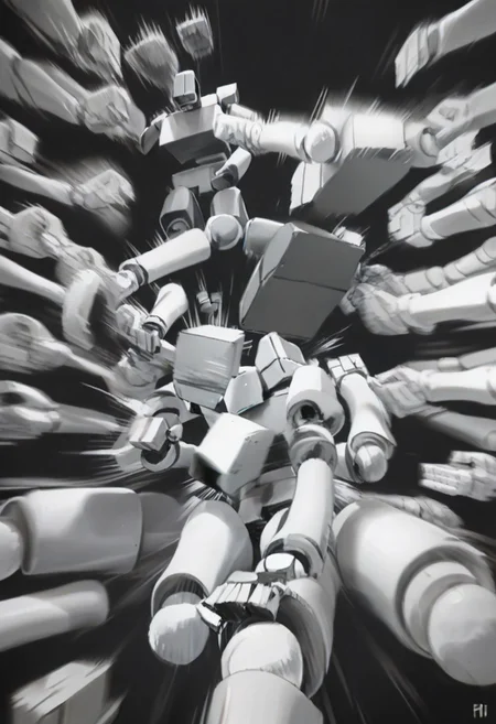 Score_9, score_8_up, score_7_up, BoxPerson, monochrome, greyscale, no humans, robot, mecha, humanoid robot, rushpunch,punching,multiple hands,fists,clenched fists,(motion_blur:1.2),(motion line:1.1),speed_lines