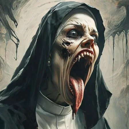 mortishadow portrait of a young screaming nun with a long tongue and large fangs<lora:mortishadow:1>