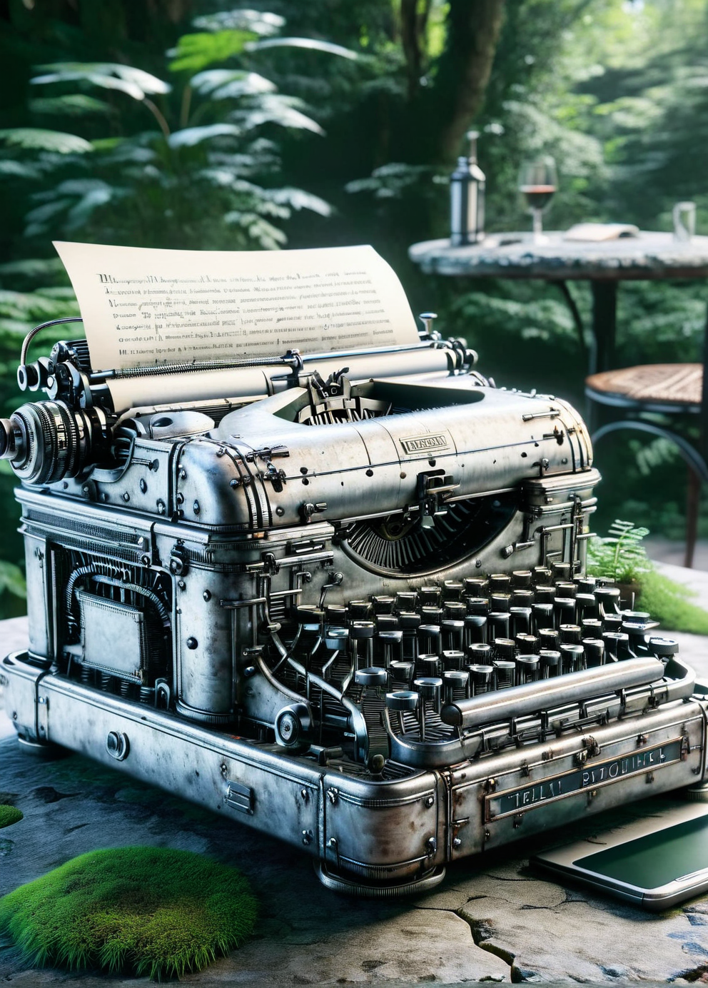 ais-wldd antique typewriter on a moss-covered stone table <lora:ais-wldd-sdxl:1>
