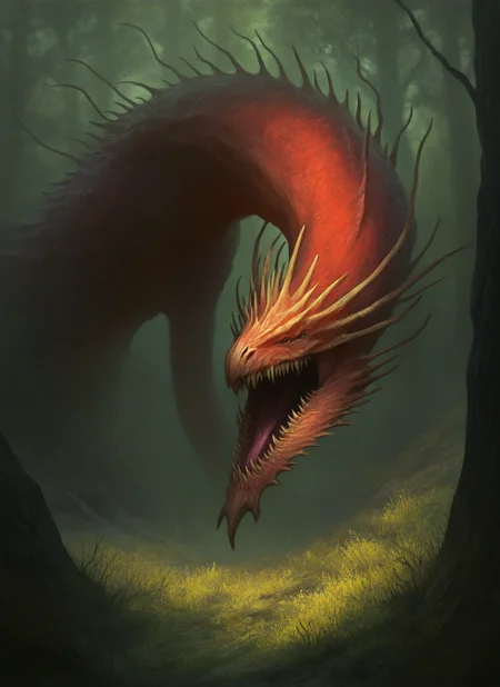artist:, masterpiece, best quality, newest, very awa, absurdres, highres, mnsr, red dragon, daytime, nature, trees, creek, detailed, <lora:SDXL\Illustrous\Monster_Concept-Illu-mnsr:1.0>