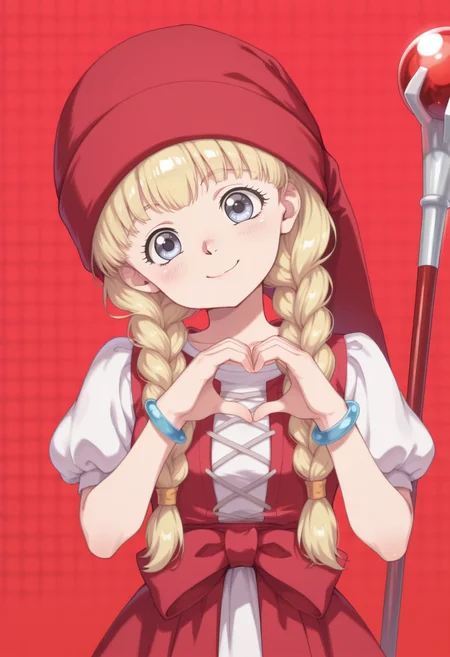 anime screencap, anime coloring,  <lora:DX888Veronica:1> veronica, blue eyes, child,  blonde hair, long hair, twin braids, hair over shoulder BREAK red headwear, red dress, puffy sleeves, waist bow, bracelet, shoes, socks,  BREAK  red  background,  honeycomb background,, BREAK  1girl, blush, breasts,  hands up, (head tilt:1.2), heart hands, looking at viewer, portrait, solo, upper body,  4-finger heart hands, smile holding staff