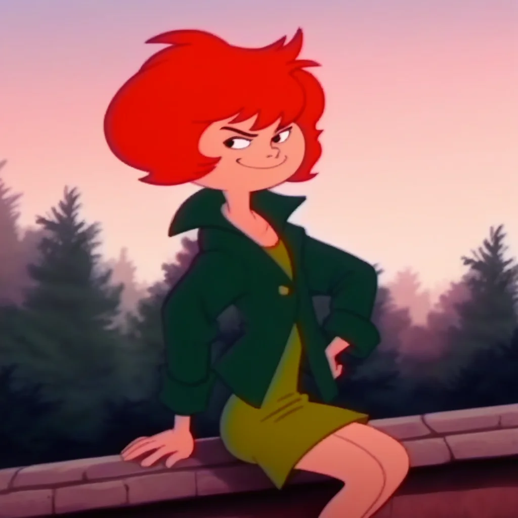 score_9, solo, brattina, red hair, jacket, skirt, smirk, sitting, outdoors, natural lighting