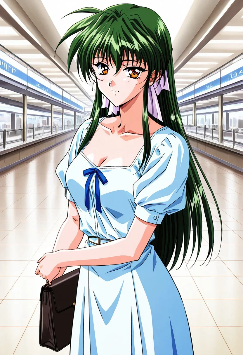 general,highres, ultra-detailed,very aesthetic,best quality ,best hands,masterpiece, best quality, newest, highres, score_9, score_8_up, score_7_up, source_anime, rating_explicit,1girl, yokota mamoru style,motion lines,,Very straight nose,slim,slender face,perfect nose,1990s (style)
Sendou Hitomi, Green Hair, Sidehair, Waist Length Hair,Amber Eyes,Necktie, Ribbon Hair Tie
anime screencap,
dress, shopping mall , long hair, looking at viewer, short sleeves, puffy sleeves, ribbon, puffy short sleeves, smile, breasts, cleavage,bag,luxury shopping mall